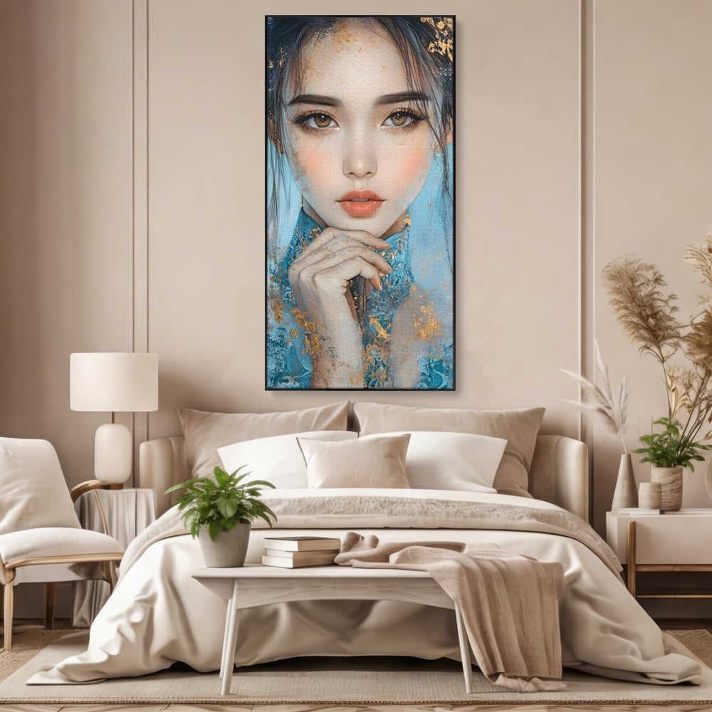 Tablou canvas cu tablou canvas cu chip de femeie, in rama de aluminiu negru, pe perete intr-un dormitor